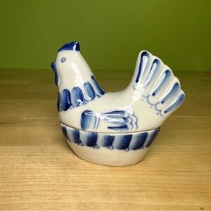 Gzhel porcelain Blue & White Chicken Box figurine Russia USSR